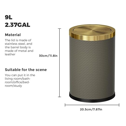 2.4 Gallon Bathroom Trash Can with Lid, Pu Leather Modern Garbage Can, Round Decorative Waste Basket, for Near Desk, Powder, Bedroom, Hotel, Office, Home (9L-Checked Grey)