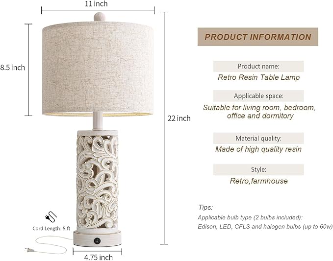 OYEARS 22'' Table Lamp Set of 2 for Living Room,Farmhouse Lamp for for Bedroom,Vintage Retro Bedside Lamps with USB Ports Linen Shade for Home Office (Wash White, Bulb Included)