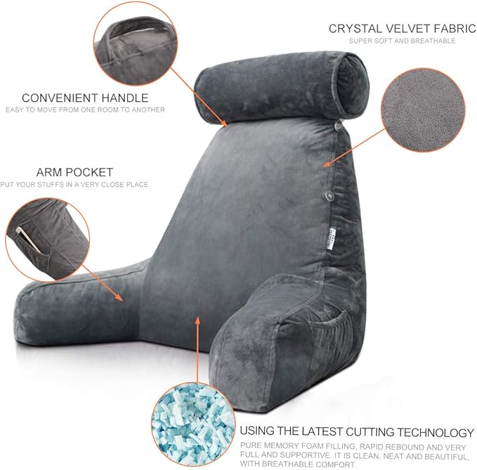 mittaGonG Extra Large Reading Pillow for Sitting in Bed Adult with Detachable Neck Support Cushion & Backrest Pillow for Bed with Arms and Side Pocket Shredded Foam Back Pillow with Washable Cover