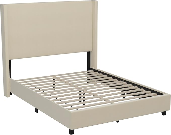 EMMA + OLIVER Nora Queen Size Faux Linen Upholstered Platform Bed with Plush Padded Wingback Headboard (No Box Spring Needed), Modern Upholstered Headboard Queen Bed Frame, Beige