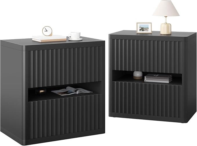 Dripex Fluted Nightstand with 2 Drawers, Large Wide Wood Night Stand Bedside Tables for Bedroom, Mid-Century Modern Storage Bed Side Table, End Tables for Living Room Sofa Couch, Black, Set of 2
