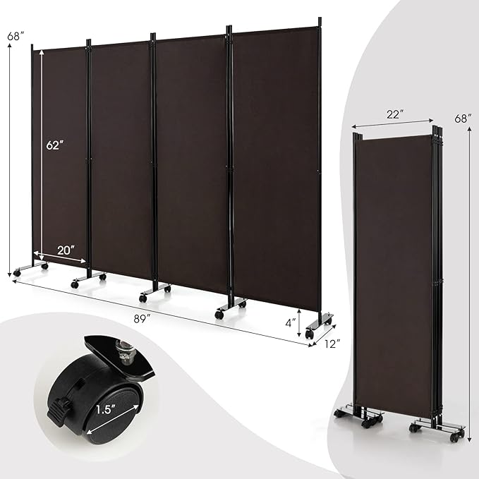 GOFLAME 4 Panel Folding Room Divider, 6FT Rolling Privacy Screen with Lockable Wheels, Portable Room Partition Screen, Freestanding Wall Divider and Separator for Home Office, Brown