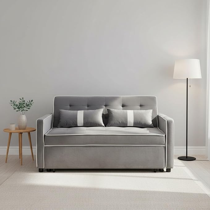 Convertible Sofa Bed, 3-in-1 Loveseat Futon Sofa Bed with 3-Position Adjustable Backrest & Side Pocket, Modern Velvet Fabric Pull Out Couch for Living Room, Small Spaces (Grey)