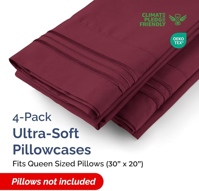 Queen Pillow Cases Set of 4 - Ultra Soft Hotel Quality Pillowcase Covers - Comfy, Cozy & Wrinkle Free - Shrinkage, Stain & Fade Resistant - Machine Washable Pillow Protectors - 4 Piece Set - Burgundy
