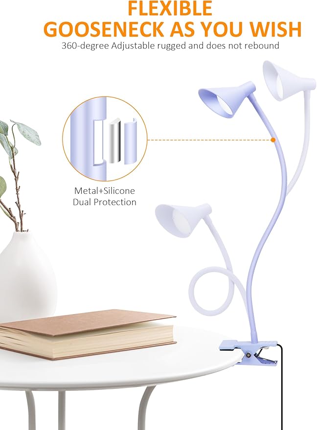 Clip on Light USB Reading Light, Eye Care Dimmable Reading Lamp Flexible Gooseneck Clip on Lamp for Bed Headboard Desk Bedside Dorm - Purple