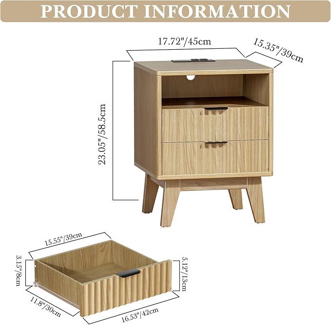 Nightstand with Charging Station, Modern Fluted 2 Drawer End Table with Storage Shelf, Natural Oak Bedside Table for Bedroom & Office