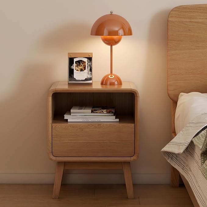 100% Solid Oak Wood Nightstand, Natural Wood Nightstand with Drawer Open Shelf, Mid Century Modern Night Stand, Small Side End Tables, Oak Bedside Table for Bedroom(16.54" Wx13.78 Dx20.47 H)