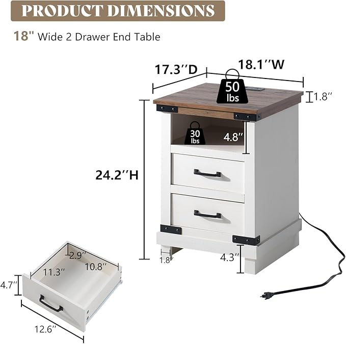 AMERLIFE Farmhouse End Table Set of 2, 18" Wood Night Stand with Charging Station & 4 Storage Drawers, Heavy Duty Bedside Nightstands for Bedroom, Living Room, Antique White