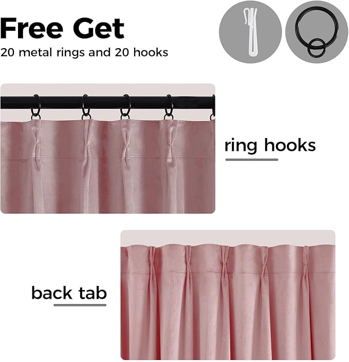 Pinch Pleated 100% Blackout Curtains for Bedroom, Pink Velvet Curtains for Living Room, Black Out Curtain 96 inch Long Room Darkening, Blackout Pinch Pleat Drapes with Hooks 2 Panels