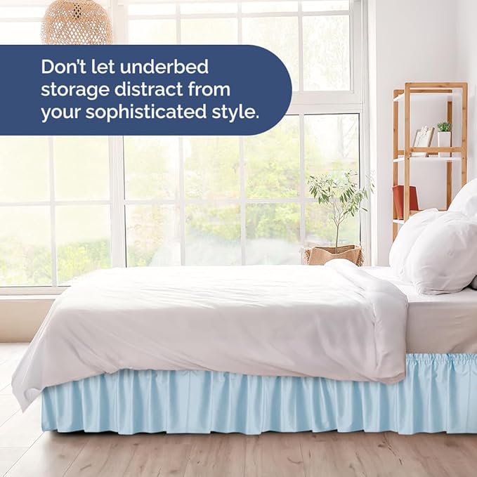 Wrap Around Dust Ruffle Bed Skirt - Light Blue - for Full Size Beds with 15 Inch Drop - Elastic Strap - Adjustable Pleated Bedskirt with Brushed Fabric and Wrinkle Free - for Women, Men, Kids & Teens