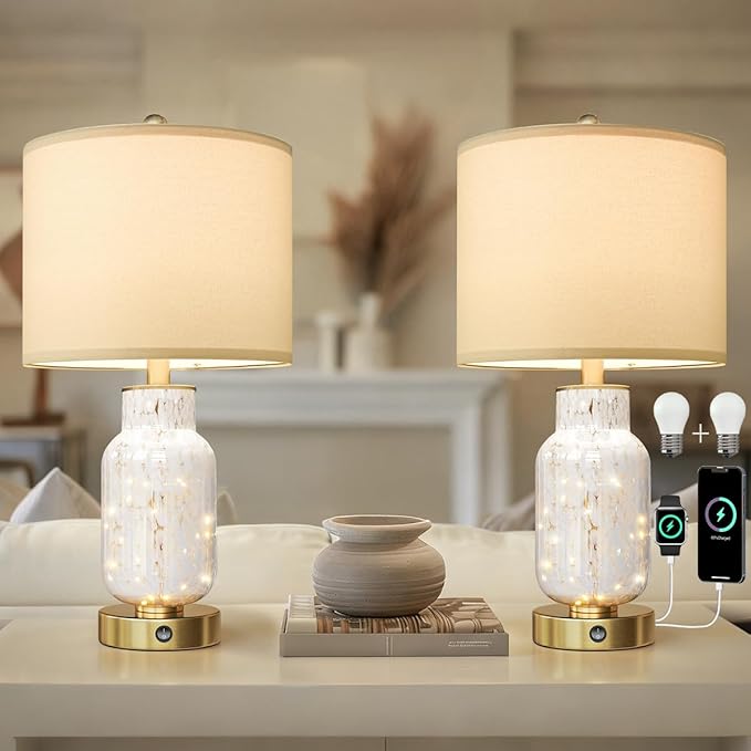 Oneach 22" Glass Table Lamps Set of 2, White Modern Bedside Lamp with LED Night Light for Living Room, Nightstand Lamp with USB Ports for Bedrooms, Study Room, End Table(2 Bulbs Included)