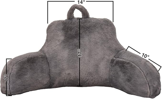 Holawakaka Standard Faux Fur Bed Rest Pillow with Arms, Artificial Rabbit Fur Reading Pillows Perfect for Adults, Teens, Kids, Pregnancy Lumbar & Head Neck Coccyx Lower Back Support Cushion (Grey)