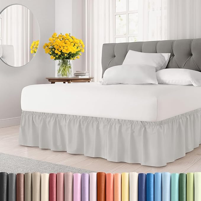 Wrap Around Dust Ruffle Bed Skirt - French Grey - for King Size Beds w/ 12 Inch Drop - Easy Fit Elastic Strap - Adjustable Pleated Bedskirt w/Brushed Fabric - Wrinkle Free, Women, Men, Kids & Teens