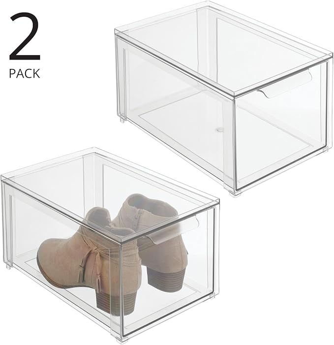 mDesign Plastic Closet Organizer Bin w/Pull Out Drawer - Stackable Storage for Closet - Organization for Shoes, Clothes, Bags, Totes, Small Linens, and More - Lumiere Collection - 2 Pack - Clear