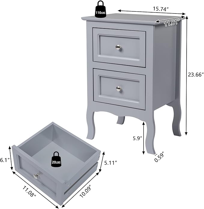 Bonnlo Gray Nightstand Set of 2, Nightstands with 2 Drawers, Bed Side Table/Night Stand, Small Nightstand for Bedroom, Small Spaces, College Dorm, Kids’ Room, Living Room, Wood, 16W x 12D x 24H, Grey