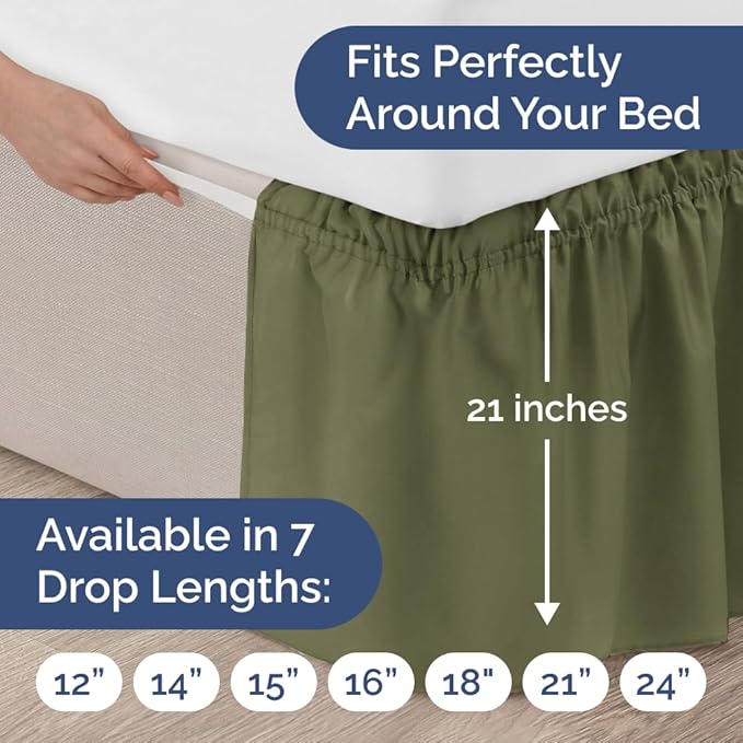 Wrap Around Dust Ruffle Bed Skirt - Sage Green - for Full Size Beds with 21 Inch Drop - Elastic Strap - Adjustable Pleated Bedskirt with Brushed Fabric and Wrinkle Free - for Women, Men, Kids & Teens