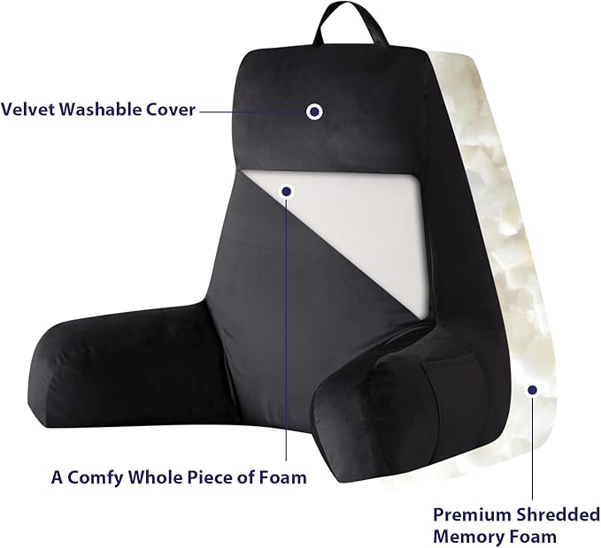 IPYNBAP Reading Pillow with Arms for Adult, Back Pillow for Bed Sitting Up, Shredded Memory Foam Backrest Pillow with Pockets & Removable Washable Cover, Lounging, Watching TV, Reading(24inch Black)