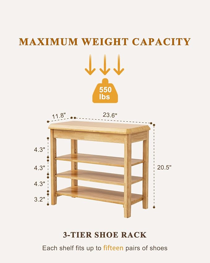 Shoe Rack Bench Seat Rubberwood 3-Tier Wooden Storage Bench 550lbs Compact Mid-Century Modern Design for Entryway, Hallway, Closet, Front Door Entrance, Foyer