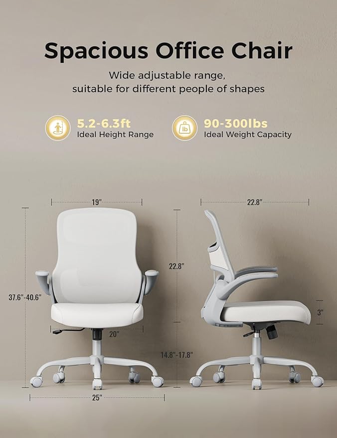 Office Chair, Mesh Ergonomic Desk Chairs, Comfy Computer Gaming Chair with Adjustable Height & Flip-up Armrest, Lumbar Support & Swivel Function for Home Office (Gray)