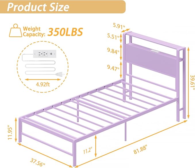 Twin Bed Frames with Charging Station, 2 Tiers Storage Headboard Twin Sized Bed No Box Spring Needed Heavy Duty Metal Platform for Girls, Purple