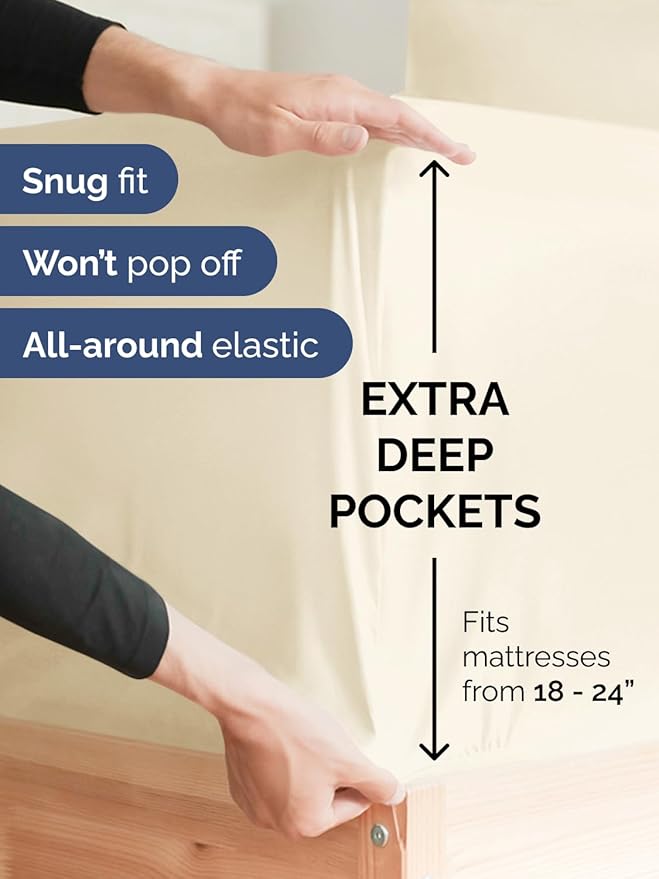 Extra Deep Split King Sheet Set - 7 Piece Breathable and Cooling Sheets - Hotel Luxury Bed Sheets Set - Easy Fit - Soft, Wrinkle Free and Comfy Sheets Set - Off White Sheet Set with Extra Deep Pockets