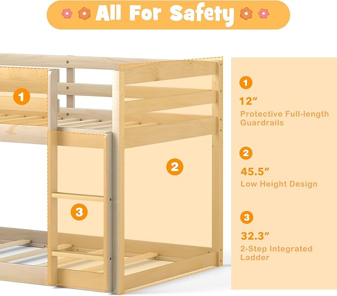 KOMFOTT Low Bunk Bed Twin Over Twin, Solid Wood Twin Bed Frame with Built-in Ladder & Safety Guardrails, Space-Saving Low Bunk Bed for Kids, Teens, No Box Spring Needed