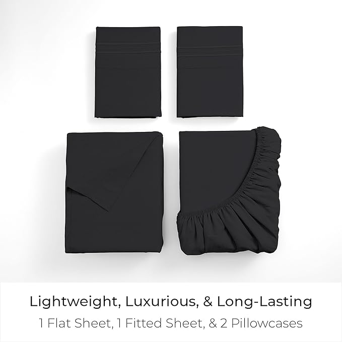 Mellanni Twin XL Sheet Set - 4-Piece Iconic Collection Bedding, (Including 2 Pillowcases), 16-Inch Deep Pocket, Easy Care, Extra Soft, Cooling Sheets, Brushed Microfiber - Black