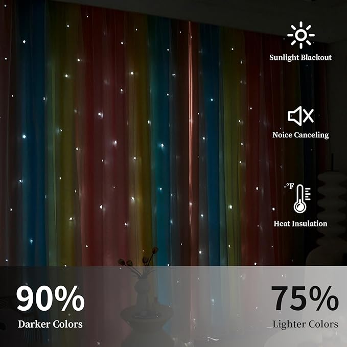 Star Blackout Curtains for Bedroom - Rainbow, 84 Inches Long, 2 Panels - Red, Yellow & Blue