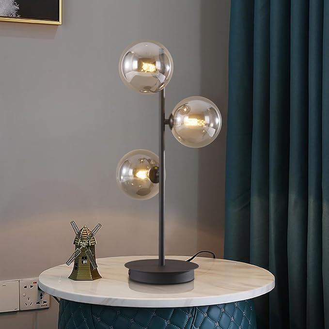 Mid Century Modern Table Lamp, Black 3 Light Reading Lamp with Smoky Grey Glass Shade, Bedside Lamp for Bedroom Living Room Study Room