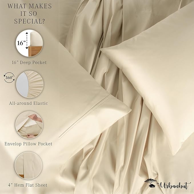 URBANHUT 800 Thread Count 100% Cotton California King Size Sheets, Luxury 4 Piece Cal King Bedsheets, Hotel Sheets Sateen Finish - Better Than Egyptian, 16" Elasticized Deep Pocket - Ivory