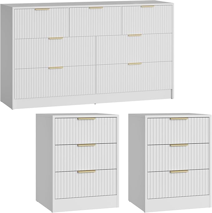 7 Drawer Dresser & Nightstand Set, 3-Piece White Fluted Dresser and Night Stand Set of 2 with Metal Handle, Modern Wood Chest of Drawers Storage Dressers Set for Bedroom, White