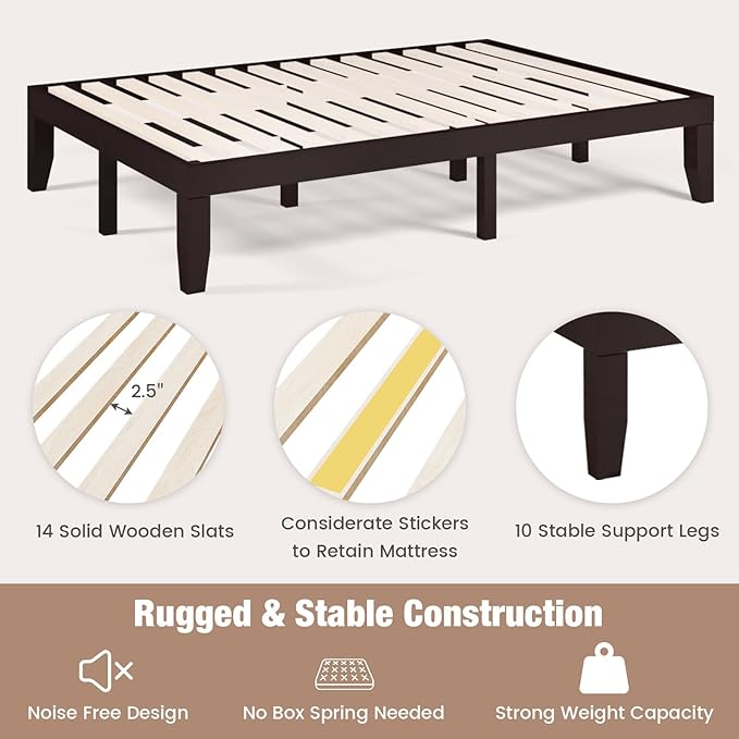 Giantex Full Wood Platform Bed Frame, 14 Inch Solid Rubber Wood Mattress Foundation, Heavy Duty Wooden Slats Support, No Box Spring Needed, Easy Assembly, Espresso