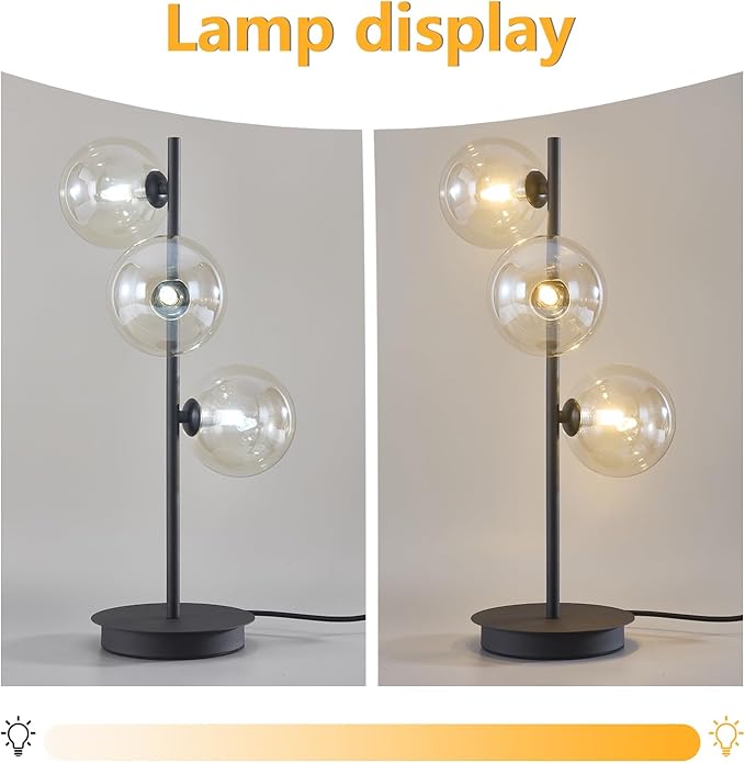 Modern Globe Table Lamp, Mid Century 3 Lights Black Bedside Lamp, Brown Glass Globe Reading Lamp for Bedroom Living Room Study Room
