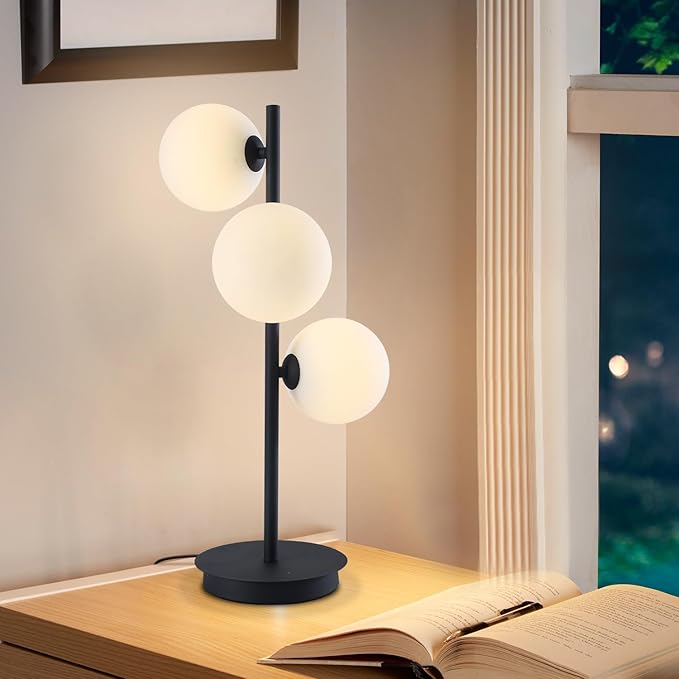 Mid Century Modern Table Lamp, Black Nightstand Lamp, White Glass Globe Desk Lamp, 3 Lights Contemporary Bedside Lamp for Bedroom Living Room Study Room