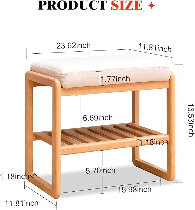 Solid Wood Shoe Bench, Shoe Rack Bench Assembled with Cushion for Entryway, Hallway, Bedroom, Living Room, Beech Wood, 11.8" x 23.6" x 16.5", Natural