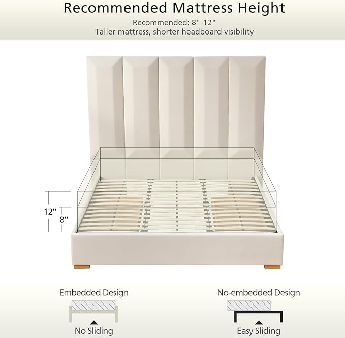 VELOCAVA King Size Upholstered Bed Frame with Extra Tall 71.5" 3D Geometric Headboard, Velvet-Like Fabric, 2 Storage Drawers, 45 Wooden Slats, Adjustable Center Support, No Box Spring Needed, Beige