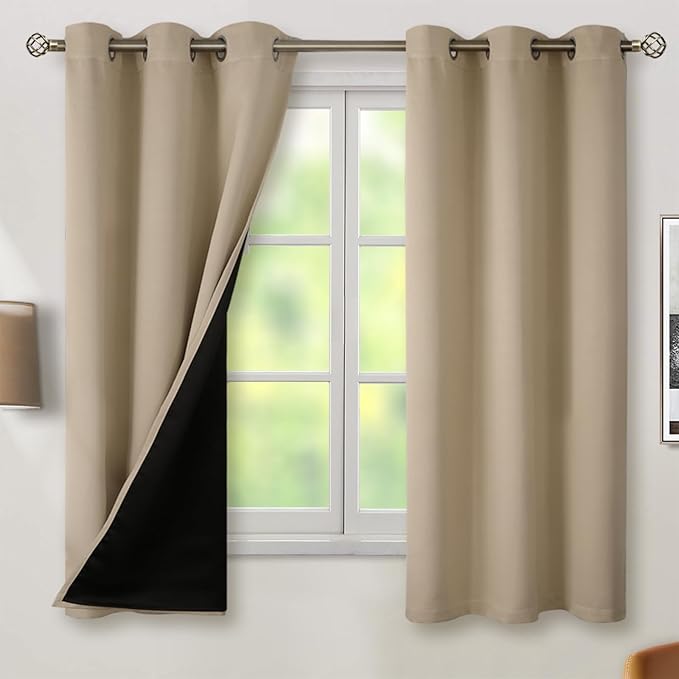 BGment Thermal Insulated 100% Blackout Curtains for Bedroom with Black Liner, Double Layer Full Room Darkening Noise Reducing Grommet Curtain (38 x 63 Inch, Sand, 2 Panels)