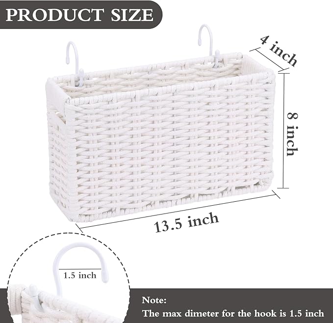 Cotton Rope Woven Bedside Caddy for Dorm Bed, Foldable Bedside Shelf Bunk Bed Accessories, College Dorm Room Essentials Hanging Organizers Storage Basket, Room Decor Magazine File Holder (White)