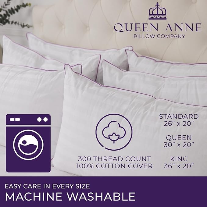 Queen Anne Hotel Collection Pillows – Luxury Down Alternative Bed Pillows (2-Pack, Standard Firm) – Ultimate Comfort, Hypoallergenic, Made in The USA