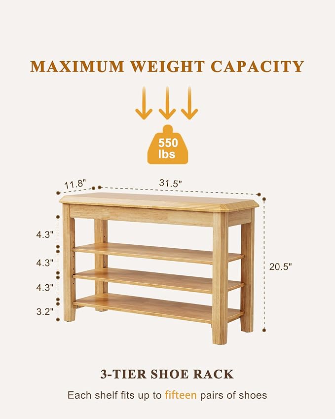 Shoe Rack Bench Seat Rubberwood 3-Tier Wooden Storage Bench 550lbs Compact Mid-Century Modern Design for Entryway, Hallway, Closet, Front Door Entrance, Foyer