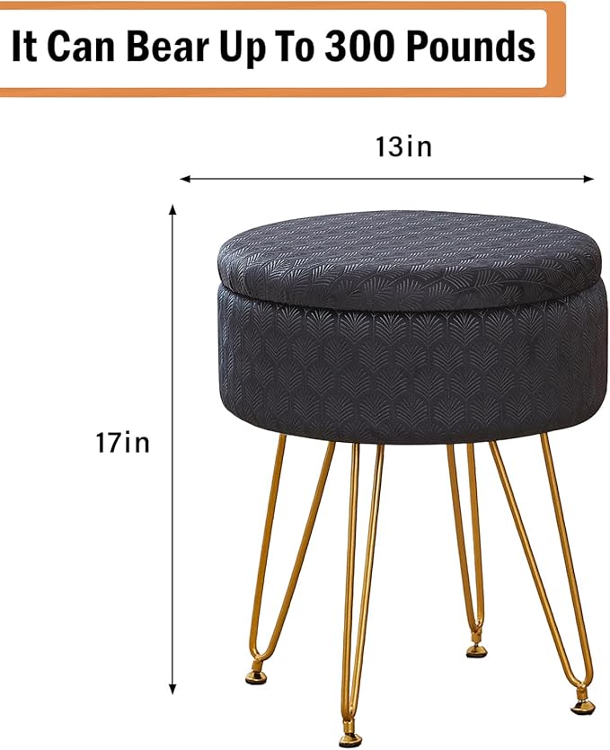 Cpintltr Modern Velvet Foot Rest Stool Upholstered Round Storage Ottomans Multipurpose Dressing Stools Luxury Home Decor Ottoman Coffee Table Top Cover Footstool with Metal Legs for Couch Black
