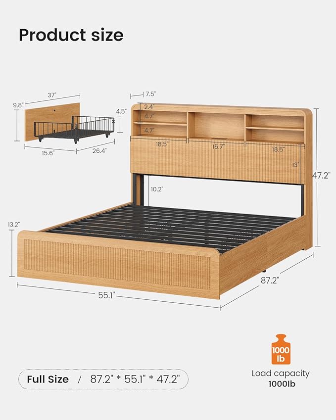AOGLLATI Full Size Bed Frame with 4 Storage Drawers and Hidden Storage Headboard, Wood Led Fluted Bed Frame Full Size with Charging Station and Curved Profile Design, No Box Spring Needed, Wood