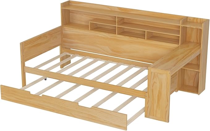 Merax Twin Size Corner Bed Frames with Desk and Trundle & Storage Shelves Headboard, Pinewood U-Shaped Captain Daybed for Small Room, Bedroom, Guest Room, Kids' Room, Natural