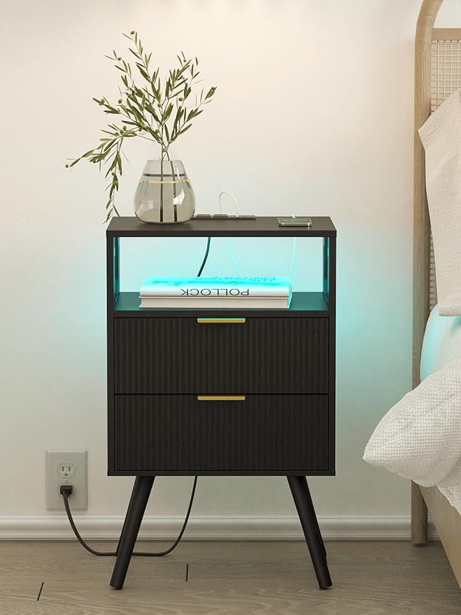 Nightstand with Charging Station and LED Lights, Modern Bedside Table with 2 Storage Drawer and Open Wood Shelf for Bedroom and Small Spaces, Night Stand with Solid Wood Legs