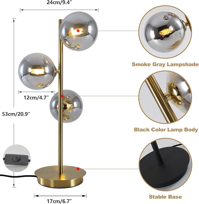 Mid Century Globe Table Lamp, Modern 3 Lights Gold Brass Desk Lamp, Contemporary Smoky Grey Glass Globe Bedside Lamp for Bedroom Living Room Study Room