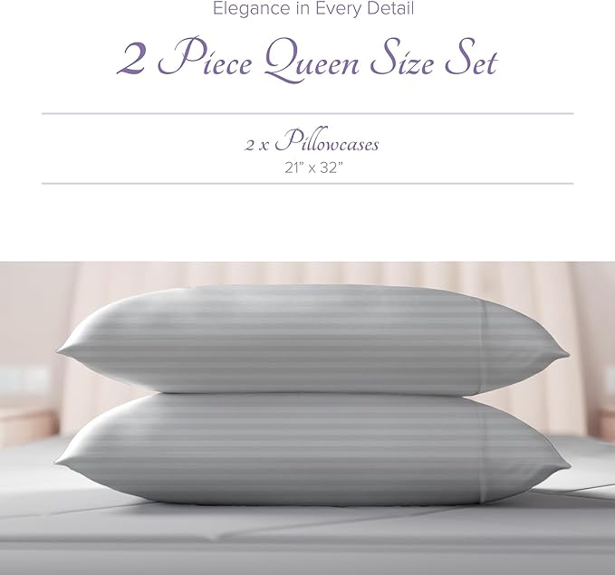 Carressa Linen 100% Egyptian Cotton Pillow Cases Queen Size Set of 2 - Luxury 600 Thread Count Stripe Silver Standard/Queen Size Pillowcases, Silky Soft, Cooling Hotel Quality Damask Pillow Cover