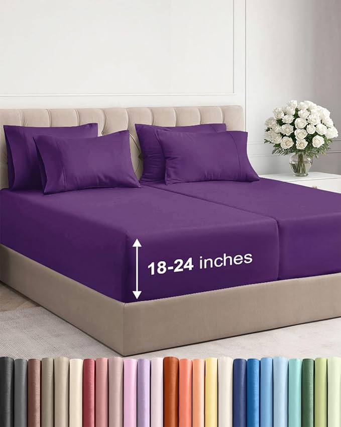 Extra Deep Split King Sheet Set - 7 Piece Breathable and Cooling Sheets - Hotel Luxury Bed Sheets Set - Easy Fit - Soft, Wrinkle Free and Comfy Sheets Set - Purple Sheet Set with Extra Deep Pockets