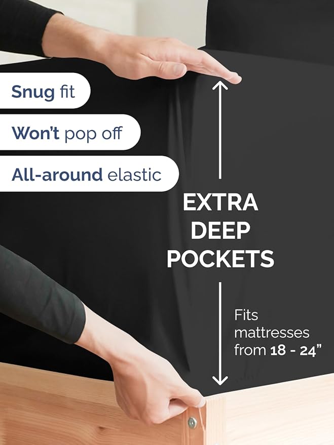 Extra Deep Queen Sheet Set - 6 Piece Breathable and Cooling Sheets - Hotel Luxury Bed Sheets Set - Easy & Secure Fit - Soft, Wrinkle Free and Comfy Sheets Set - Black Sheet Set with Extra Deep Pockets