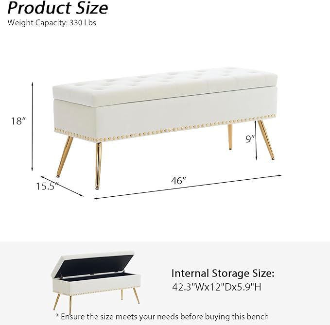 Velvet Storage Bench with Gold Legs& Nailhead Trim, 46" Wide Upholstered Modern Bedroom Bench for End of Bed, Tufted Ottoman for Entryway Living Room Dining Room (Ivory White, 46" Wide)