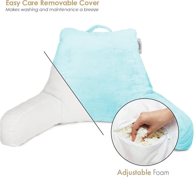 Nestl Reading Pillow with Shredded Memory Foam, Designed for Sitting Up in Bed and Couch, Back and Arms Adjustable Support for Adult & Teens Backrest Pillows for Reading with Washable Cover Light Blue
